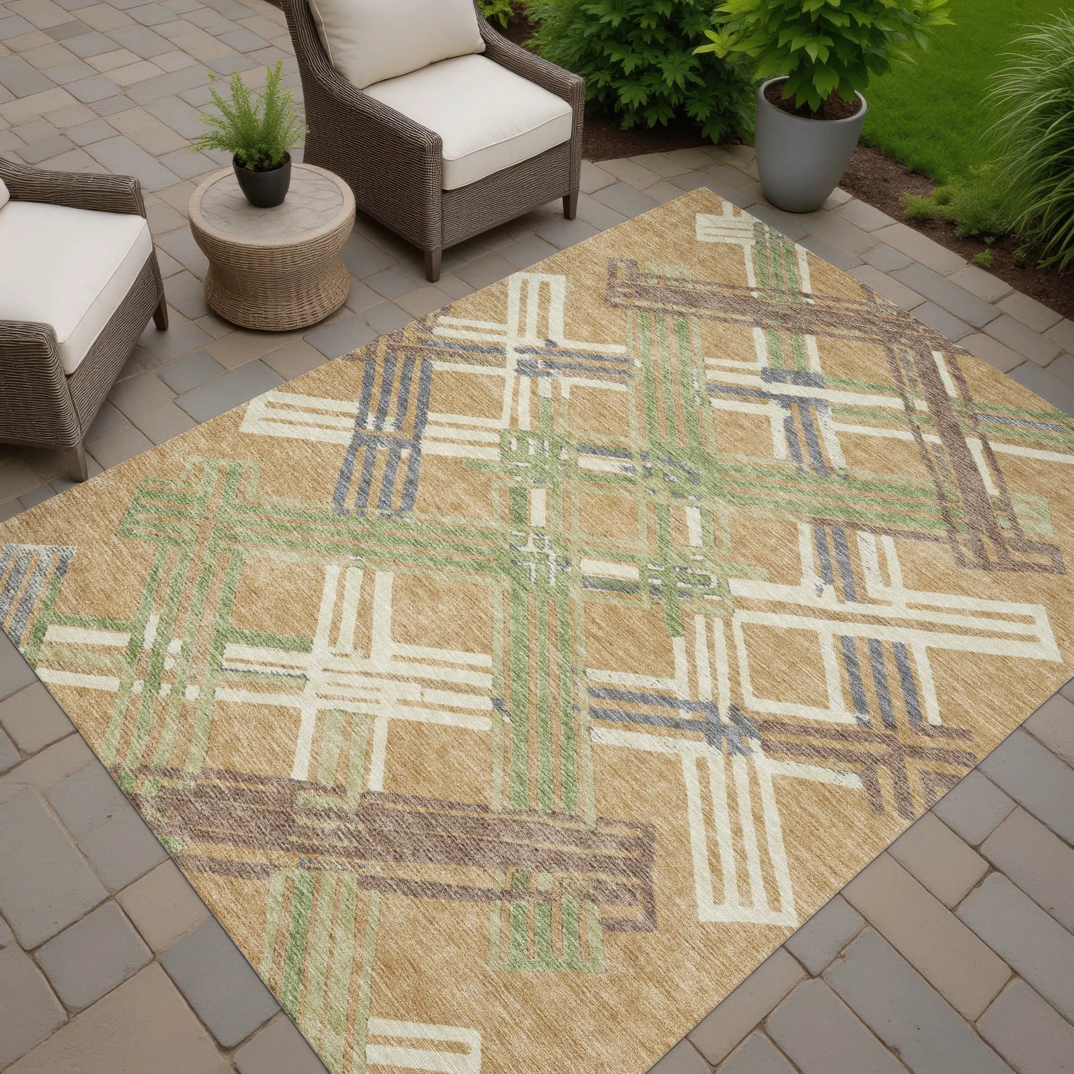 5' X 8' Gold And Brown Geometric Washable Indoor Outdoor Area Rug Homeroots Outdoor