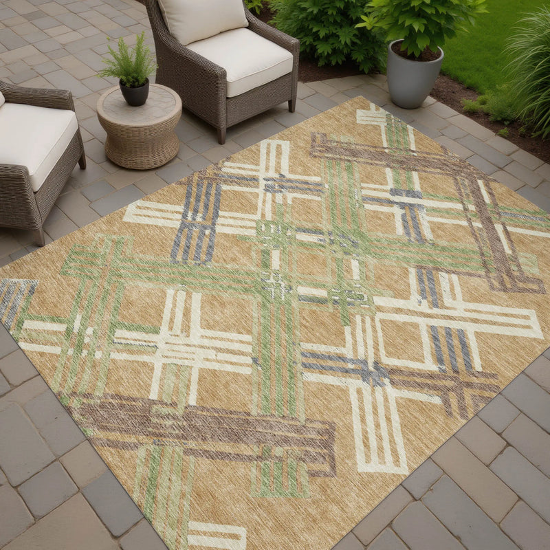 5' X 8' Gold And Brown Geometric Washable Indoor Outdoor Area Rug Homeroots Outdoor