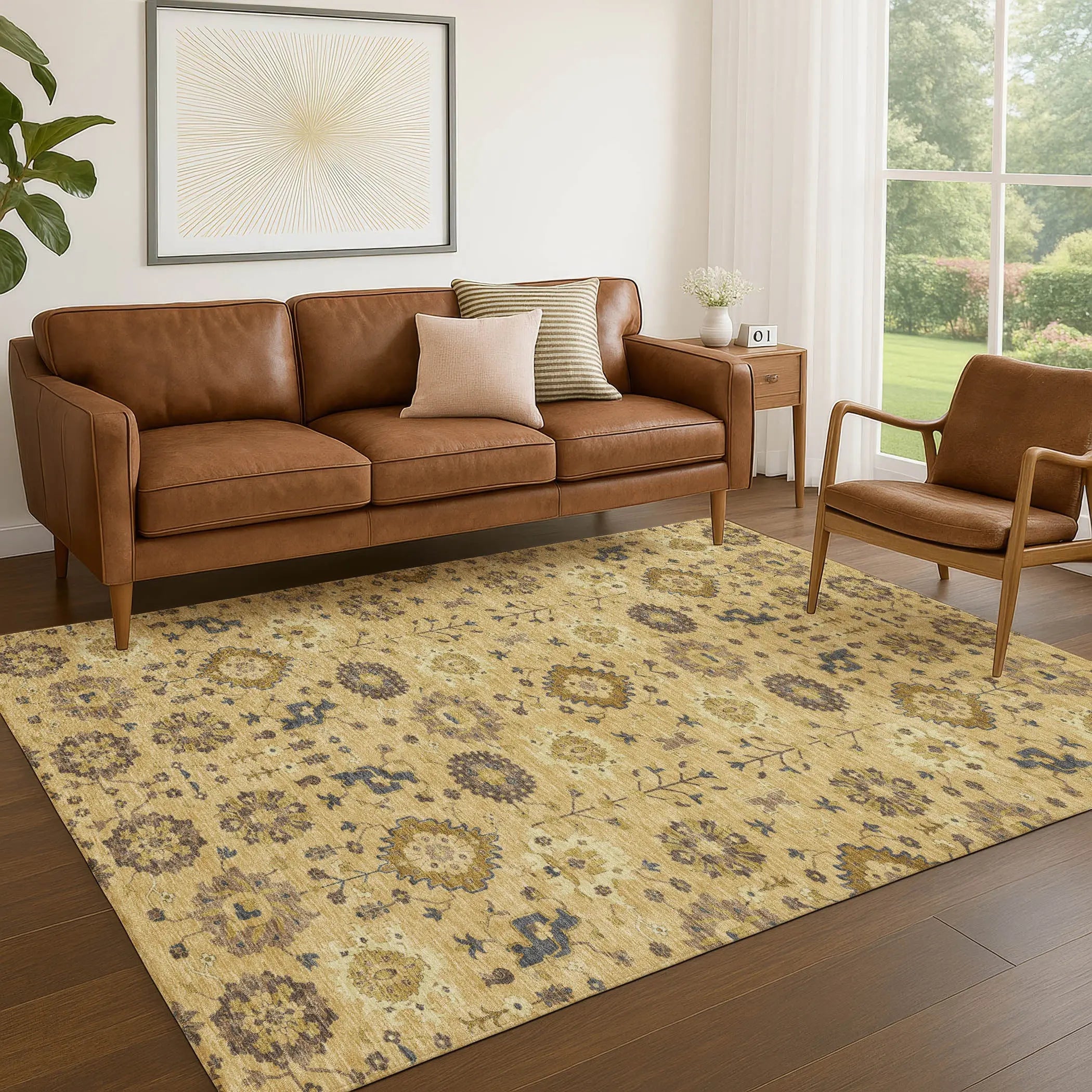 5' X 8' Gold And Brown Geometric Washable Indoor Outdoor Area Rug Homeroots Outdoor