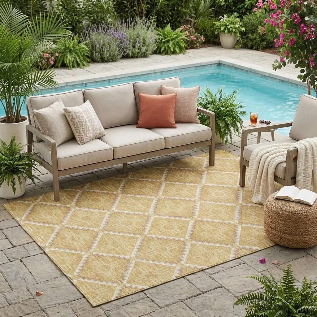5' X 8' Gold And Brown Geometric Washable Indoor Outdoor Area Rug Homeroots Outdoor
