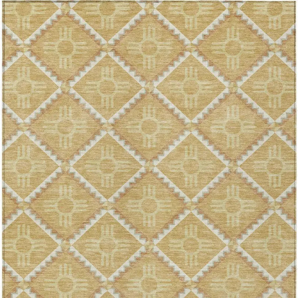 5' X 8' Gold And Brown Geometric Washable Indoor Outdoor Area Rug Homeroots Outdoor