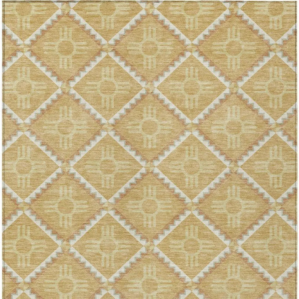 5' X 8' Gold And Brown Geometric Washable Indoor Outdoor Area Rug Homeroots Outdoor