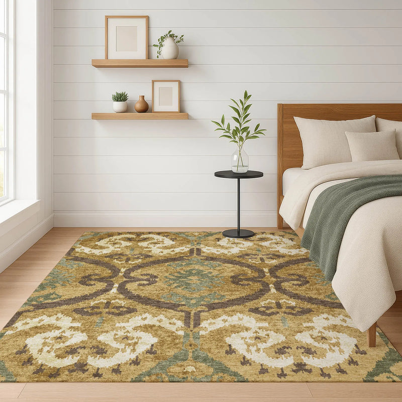 5' X 8' Gold And Brown Ikat Washable Indoor Outdoor Area Rug Homeroots Outdoor