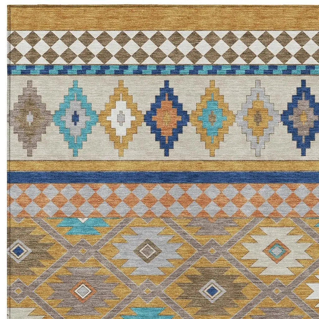 Colorful geometric area rug in gold, blue, and gray, featuring a modern tribal design on a soft textile surface.