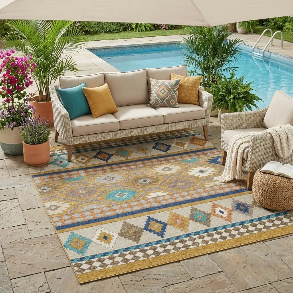 Colorful geometric outdoor area rug in blue, beige, and gold, ideal for patio decor by the poolside.