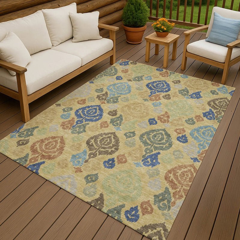 5' X 8' Gold And Chocolate Damask Washable Indoor Outdoor Area Rug Homeroots Outdoor