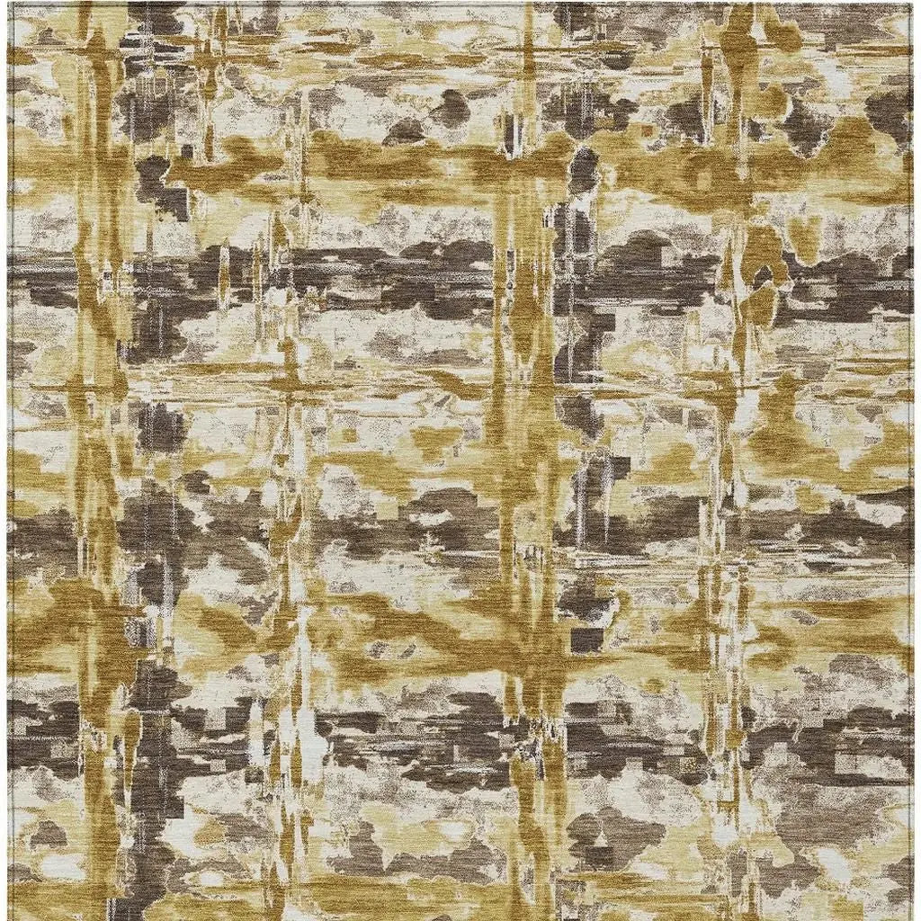 5' X 8' Gold And Coffee Abstract Washable Indoor Outdoor Area Rug Homeroots Outdoor