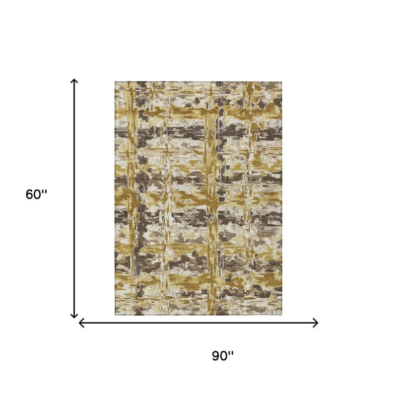 5' X 8' Gold And Coffee Abstract Washable Indoor Outdoor Area Rug Homeroots Outdoor