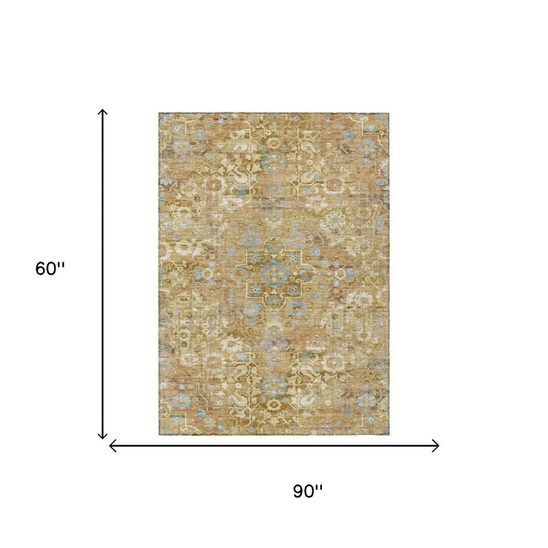 5' X 8' Gold And Copper Floral Medallion Washable Indoor Outdoor Area Rug Homeroots Outdoor