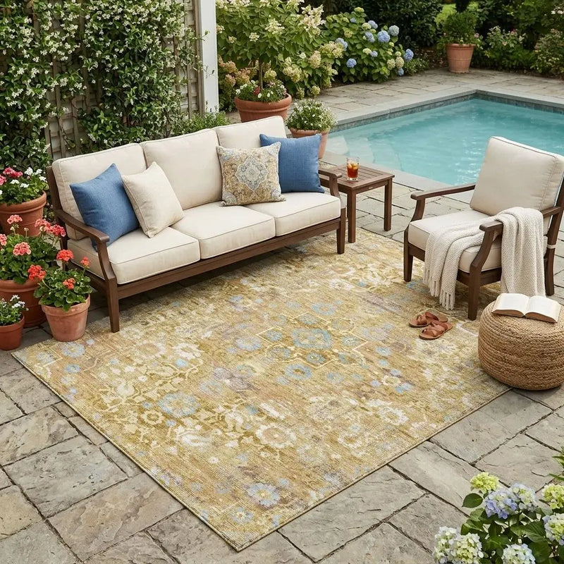 5' X 8' Gold And Copper Floral Medallion Washable Indoor Outdoor Area Rug Homeroots Outdoor