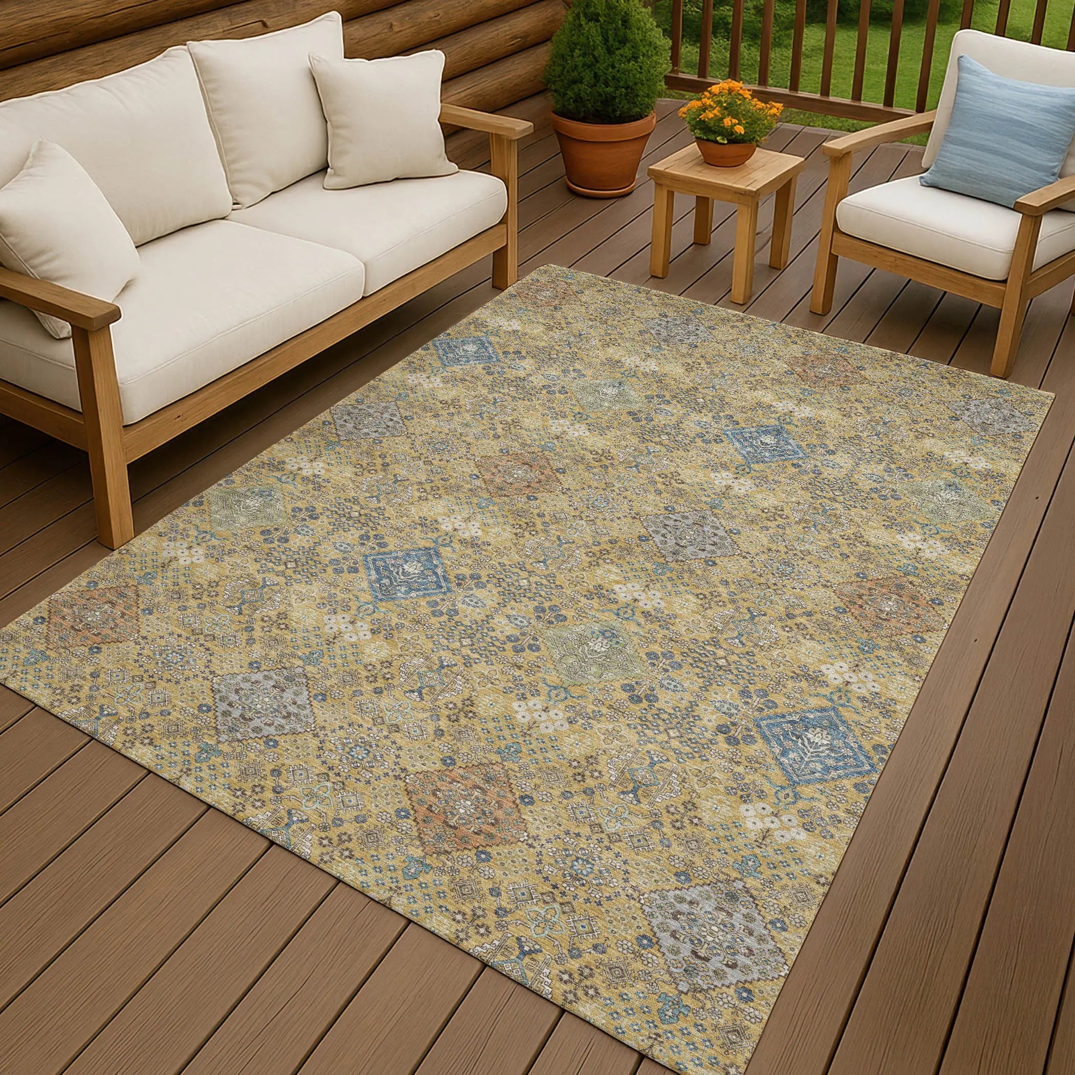 5' X 8' Gold And Copper Oriental Washable Indoor Outdoor Area Rug Homeroots Outdoor