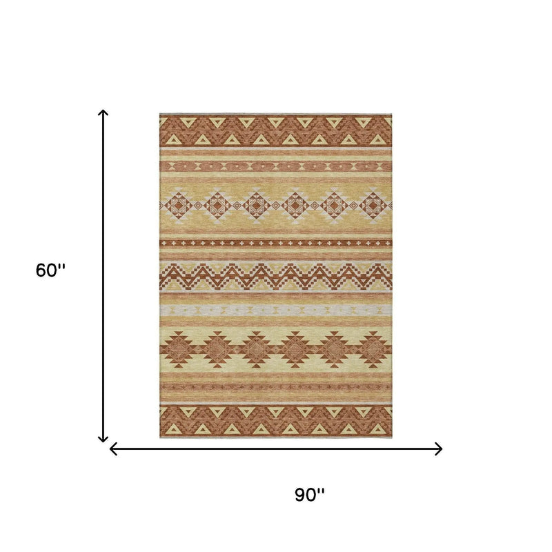 5' X 8' Gold And Copper Southwestern Washable Indoor Outdoor Area Rug Homeroots Outdoor