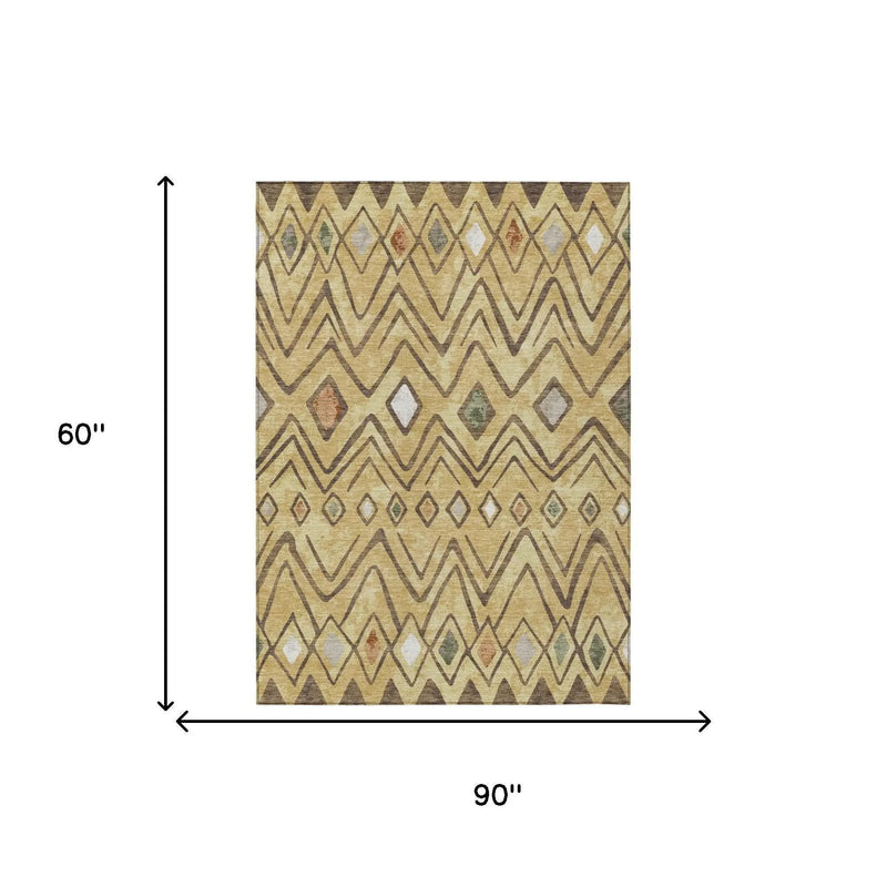 5' X 8' Gold And Green Geometric Washable Indoor Outdoor Area Rug Homeroots Outdoor