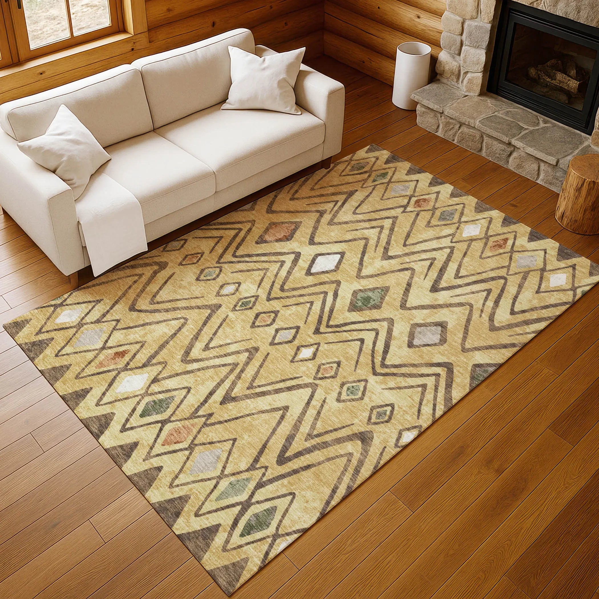 5' X 8' Gold And Green Geometric Washable Indoor Outdoor Area Rug Homeroots Outdoor