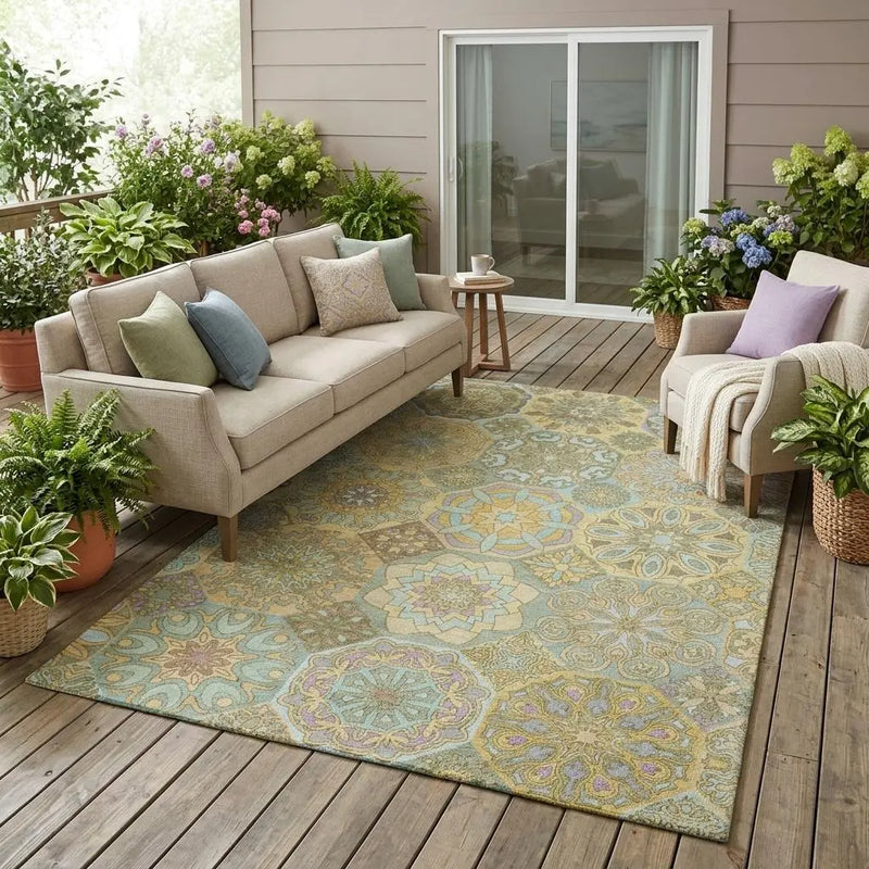 5' X 8' Gold And Green Patchwork Washable Indoor Outdoor Area Rug Homeroots Outdoor