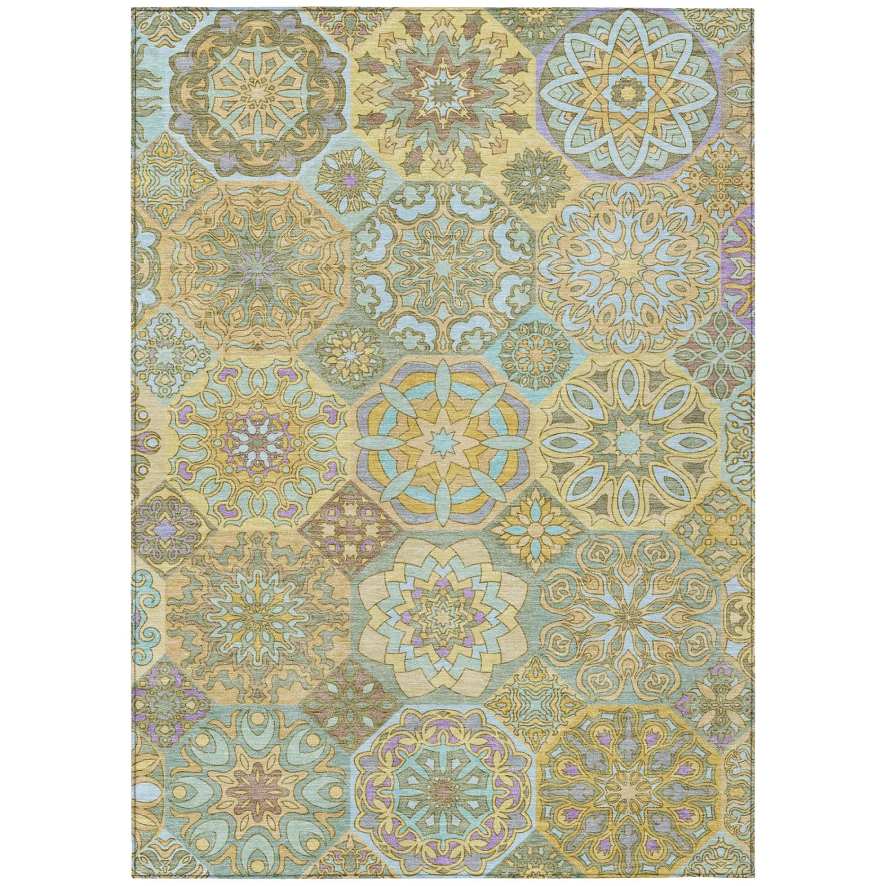 5' X 8' Gold And Green Patchwork Washable Indoor Outdoor Area Rug Homeroots Outdoor
