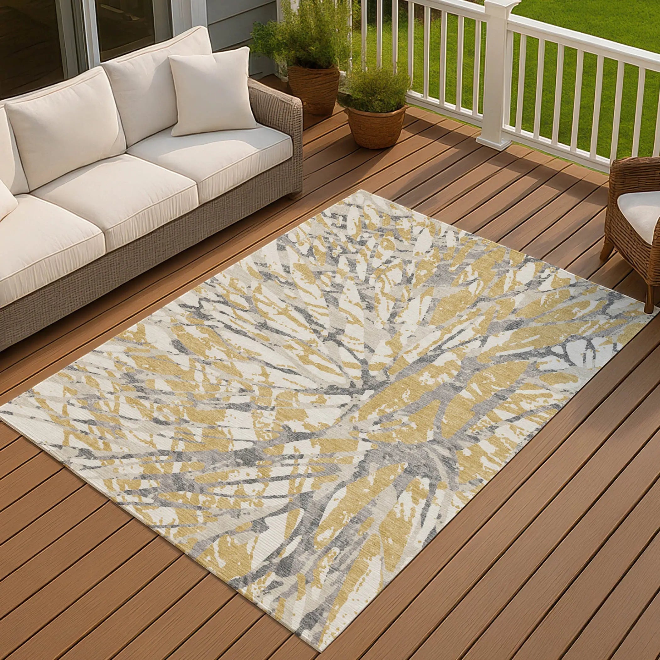 5' X 8' Gold And Ivory Abstract Washable Indoor Outdoor Area Rug Homeroots Outdoor