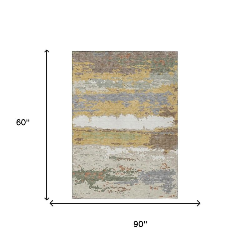 5' X 8' Gold And Ivory Abstract Washable Indoor Outdoor Area Rug Homeroots Outdoor