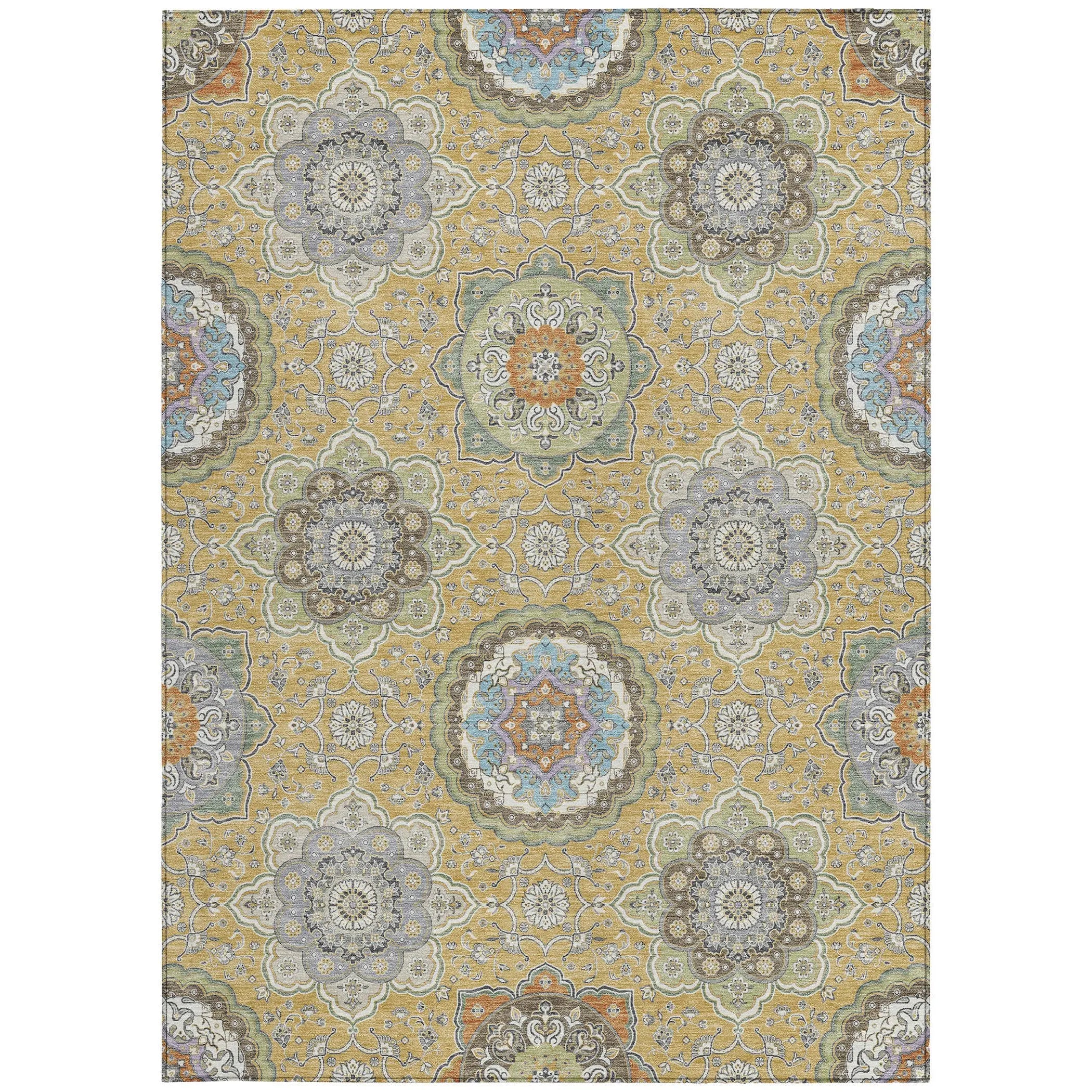 5' X 8' Gold And Ivory Floral Medallion Washable Indoor Outdoor Area Rug Homeroots Outdoor