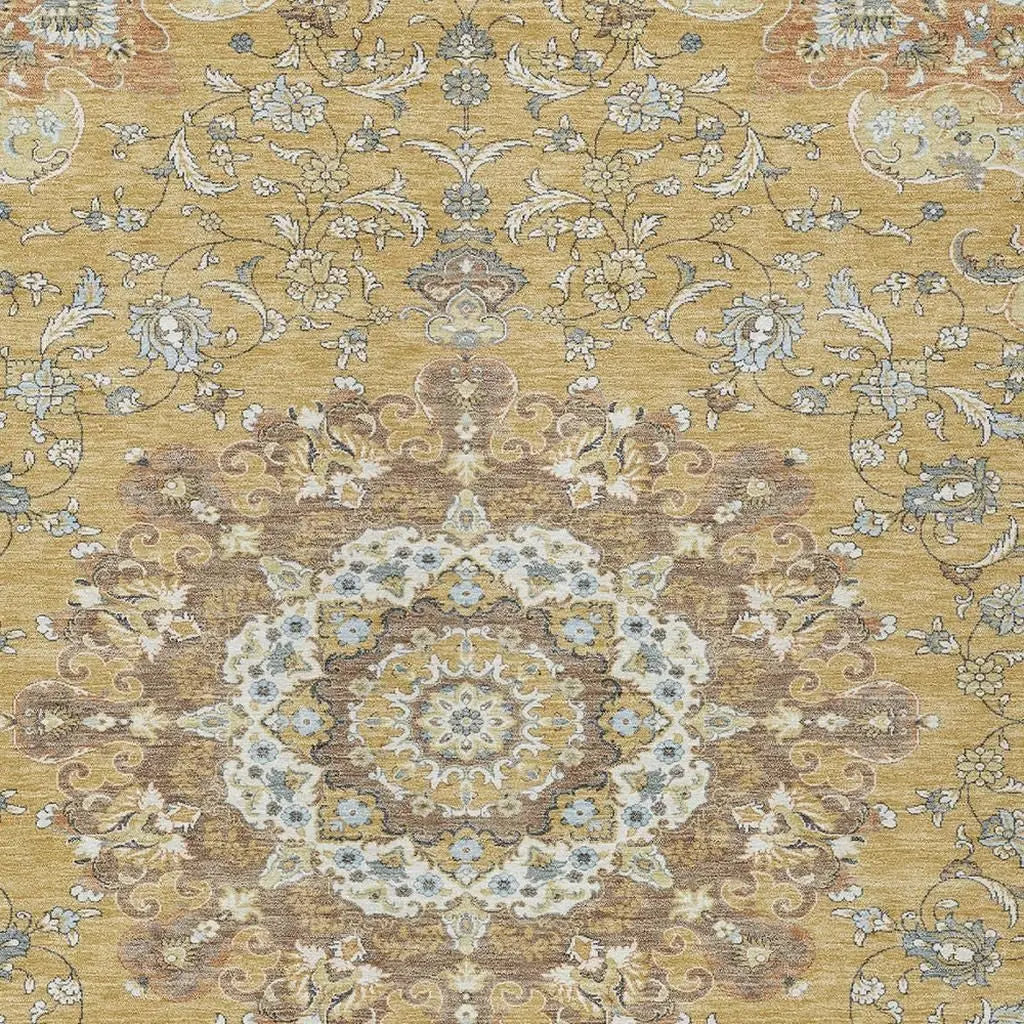 5' X 8' Gold And Ivory Floral Medallion Washable Indoor Outdoor Area Rug Homeroots Outdoor
