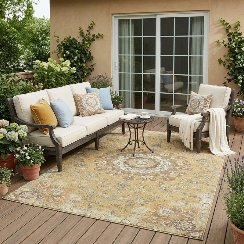 5' X 8' Gold And Ivory Floral Medallion Washable Indoor Outdoor Area Rug Homeroots Outdoor