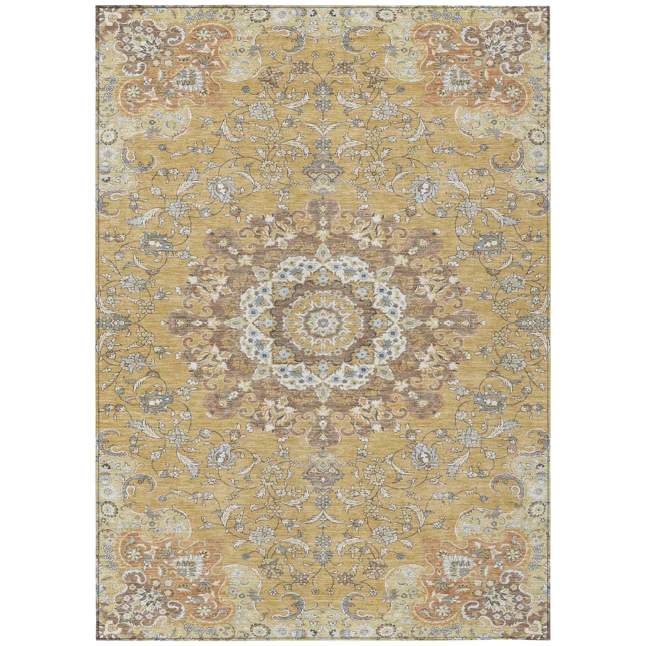5' X 8' Gold And Ivory Floral Medallion Washable Indoor Outdoor Area Rug Homeroots Outdoor