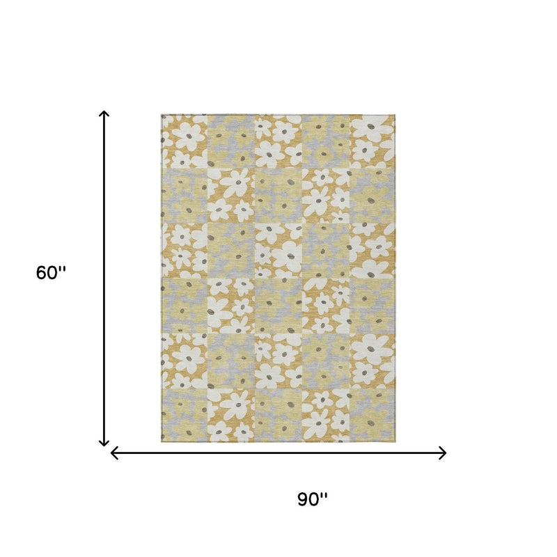 5' X 8' Gold And Ivory Floral Washable Indoor Outdoor Area Rug Homeroots Outdoor