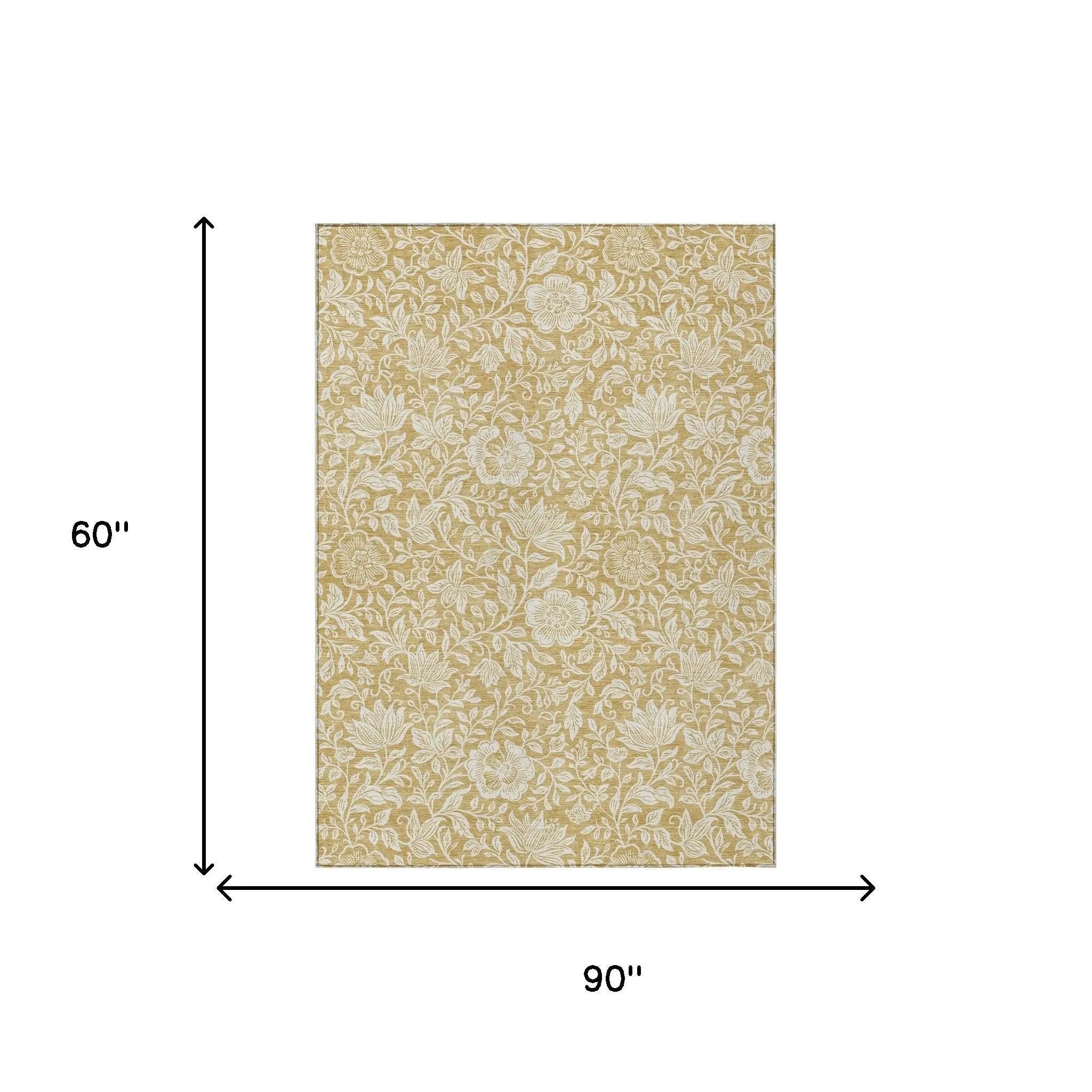 5' X 8' Gold And Ivory Floral Washable Indoor Outdoor Area Rug Homeroots Outdoor