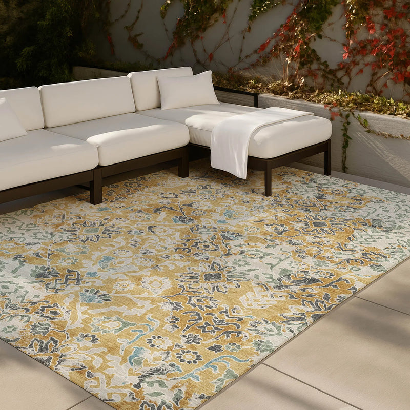 5' X 8' Gold And Ivory Geometric Washable Indoor Outdoor Area Rug Homeroots Outdoor