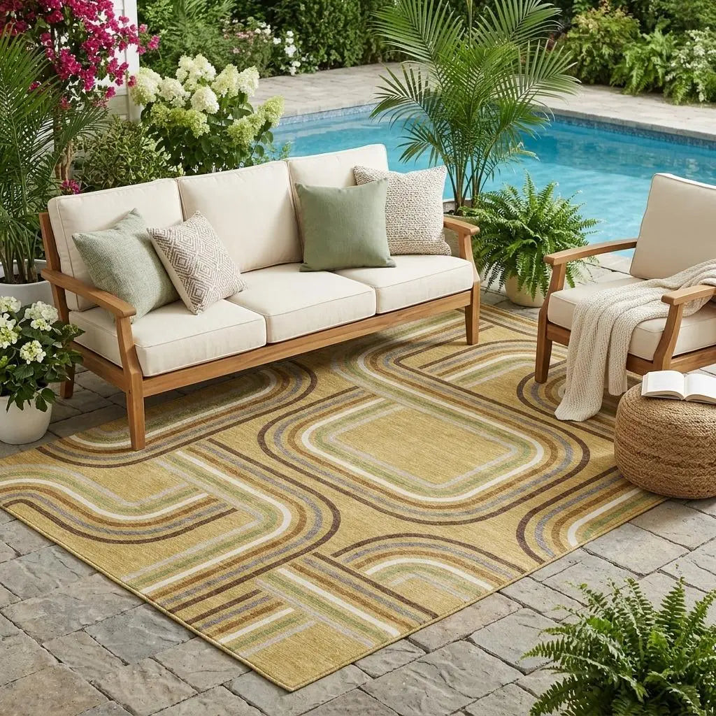 5' X 8' Gold And Ivory Geometric Washable Indoor Outdoor Area Rug Homeroots Outdoor