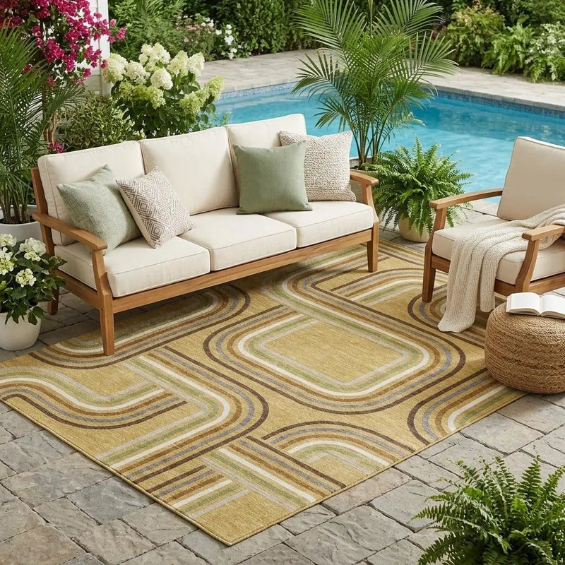 5' X 8' Gold And Ivory Geometric Washable Indoor Outdoor Area Rug Homeroots Outdoor
