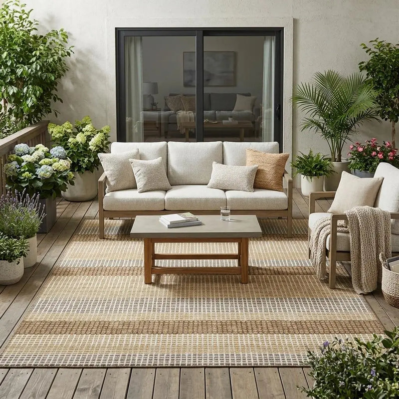 5' X 8' Gold And Ivory Striped Washable Indoor Outdoor Area Rug Homeroots Outdoor
