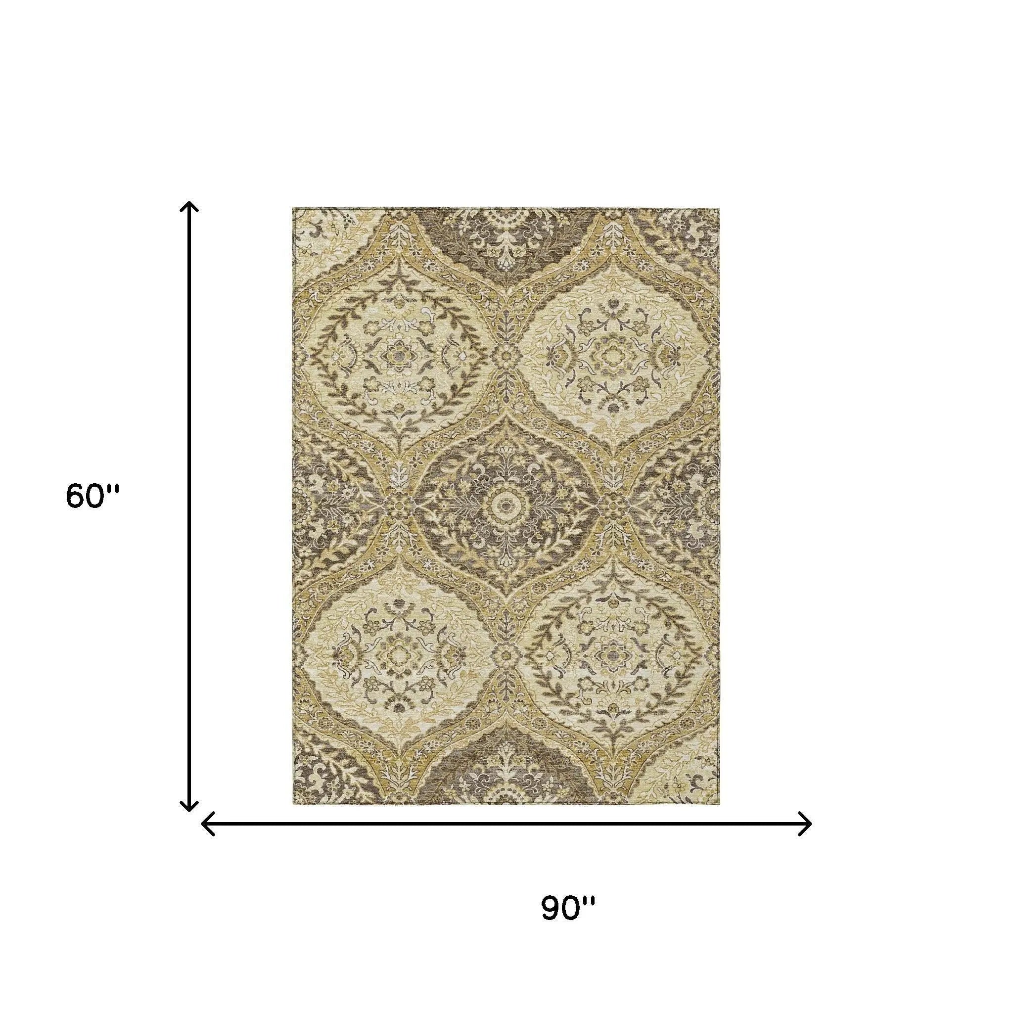 5' X 8' Gold And Khaki Ogee Washable Indoor Outdoor Area Rug Homeroots Outdoor