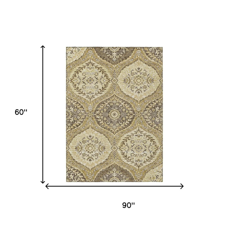 5' X 8' Gold And Khaki Ogee Washable Indoor Outdoor Area Rug Homeroots Outdoor