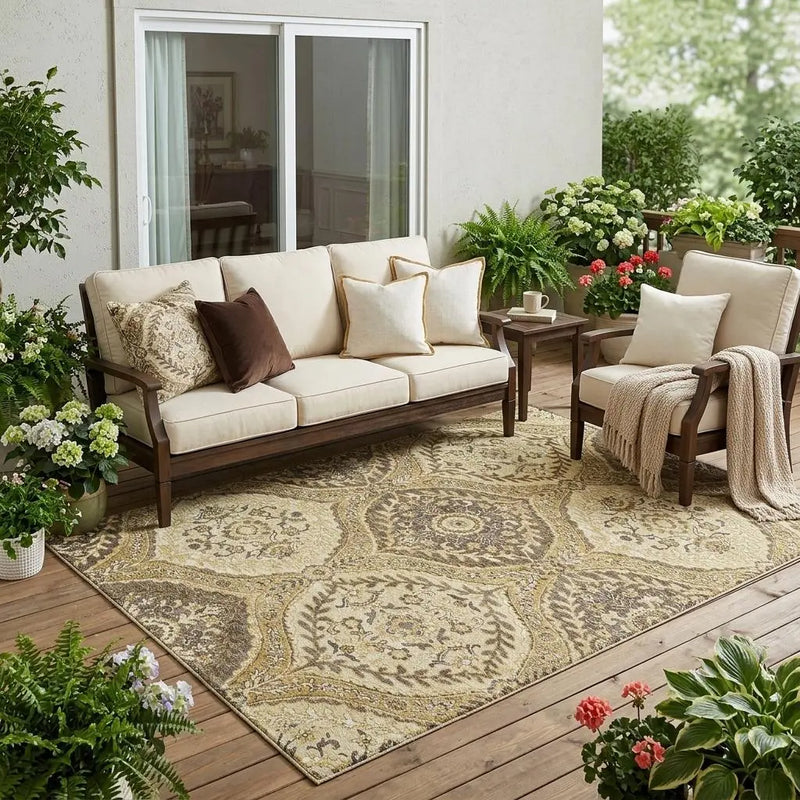 5' X 8' Gold And Khaki Ogee Washable Indoor Outdoor Area Rug Homeroots Outdoor