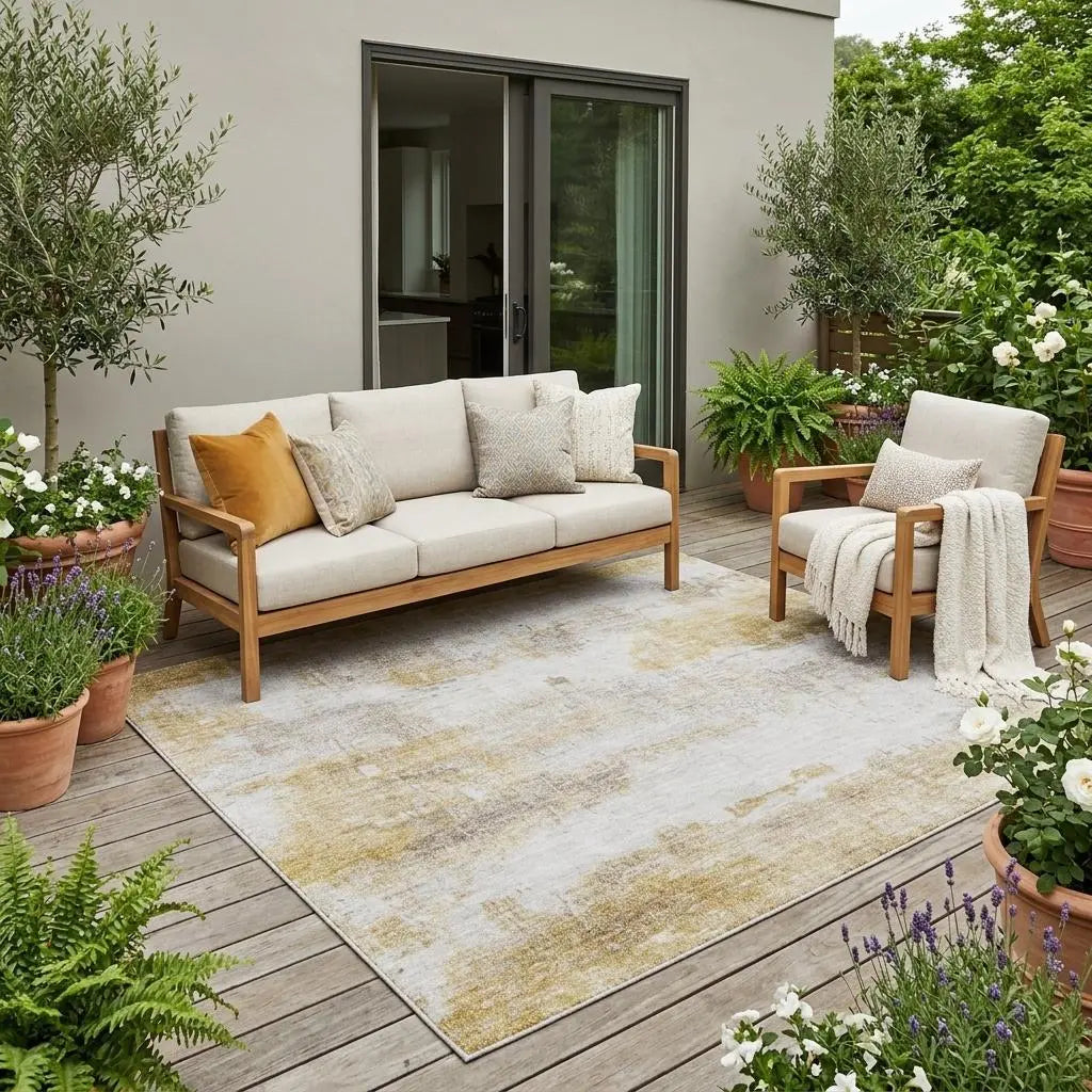 5' X 8' Gold And Linen Abstract Washable Indoor Outdoor Area Rug Homeroots Outdoor