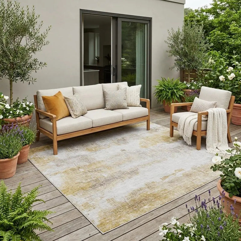 5' X 8' Gold And Linen Abstract Washable Indoor Outdoor Area Rug Homeroots Outdoor