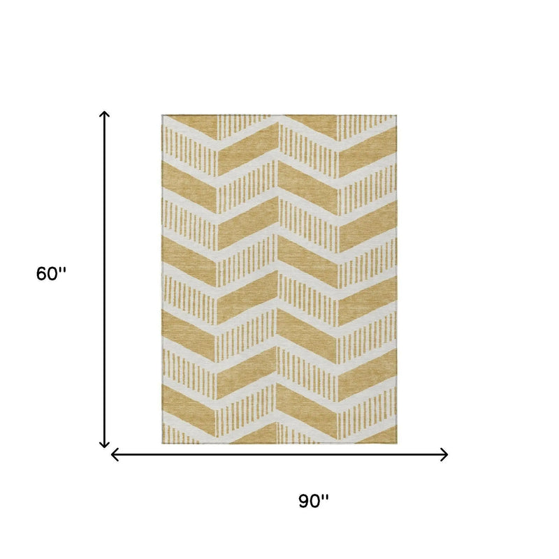 5' X 8' Gold And Linen Geometric Washable Indoor Outdoor Area Rug Homeroots Outdoor