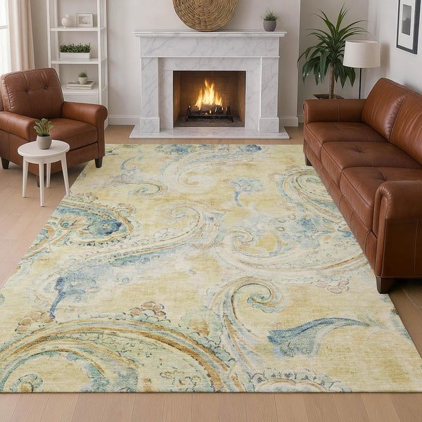 5' X 8' Gold And Mint Green Paisley Washable Indoor Outdoor Area Rug Homeroots Outdoor