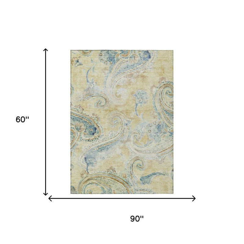 5' X 8' Gold And Mint Green Paisley Washable Indoor Outdoor Area Rug Homeroots Outdoor