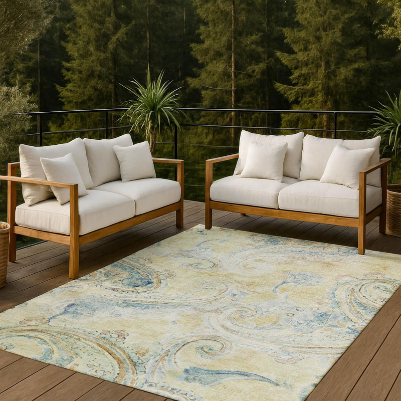 5' X 8' Gold And Mint Green Paisley Washable Indoor Outdoor Area Rug Homeroots Outdoor