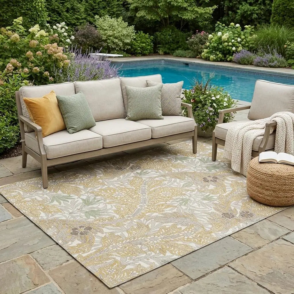 5' X 8' Gold And Silver Botanical Leaves Washable Indoor Outdoor Area Rug Homeroots Outdoor