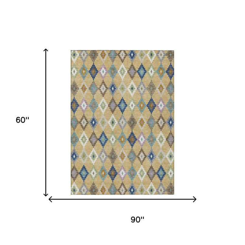 5' X 8' Gold And Teal Blue Aztec Washable Indoor Outdoor Area Rug Homeroots Outdoor
