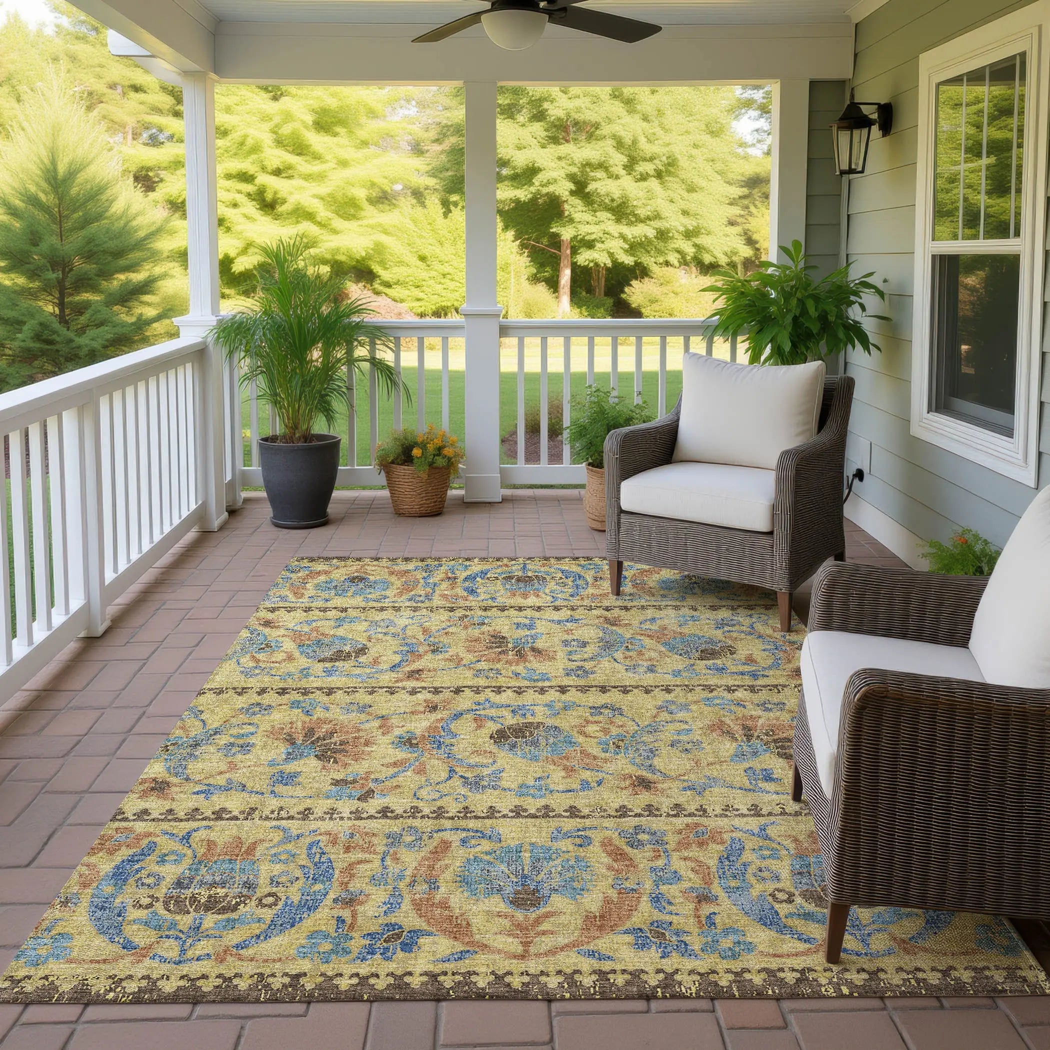 5' X 8' Gold And Teal Blue Floral Washable Indoor Outdoor Area Rug Homeroots Outdoor