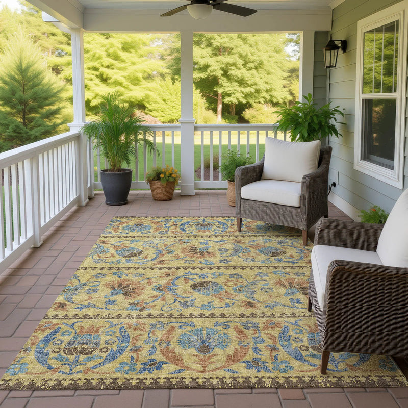 5' X 8' Gold And Teal Blue Floral Washable Indoor Outdoor Area Rug Homeroots Outdoor