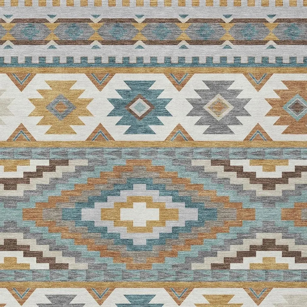 5' X 8' Gold And Teal Blue Southwestern Washable Indoor Outdoor Area Rug Homeroots Outdoor