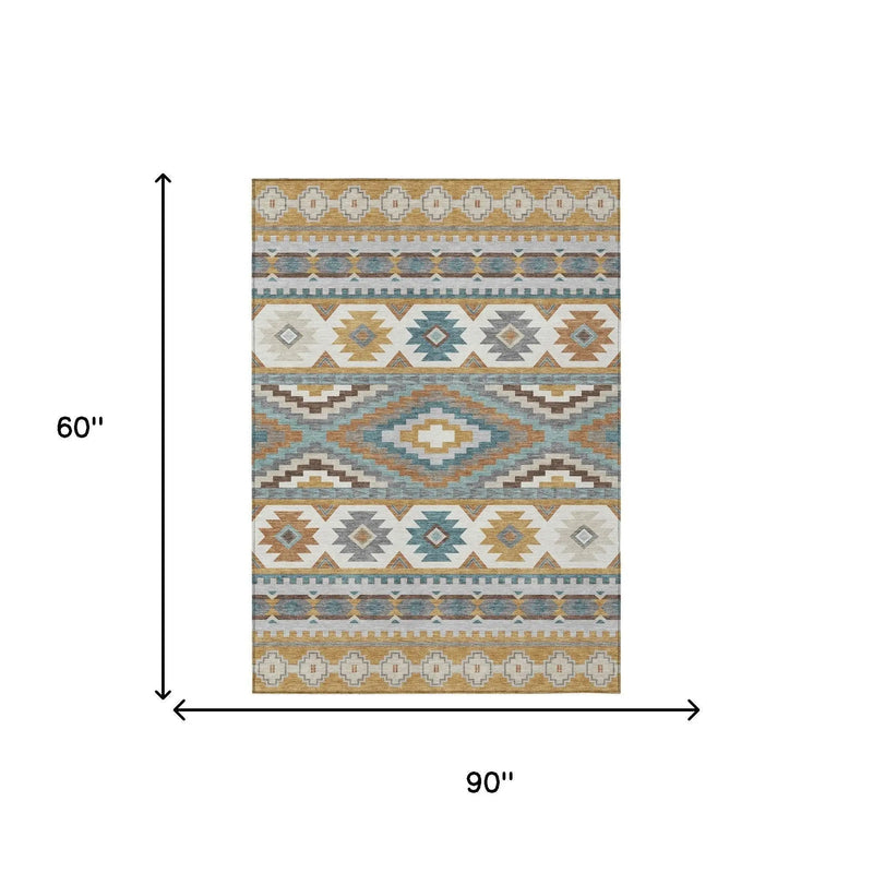 5' X 8' Gold And Teal Blue Southwestern Washable Indoor Outdoor Area Rug Homeroots Outdoor