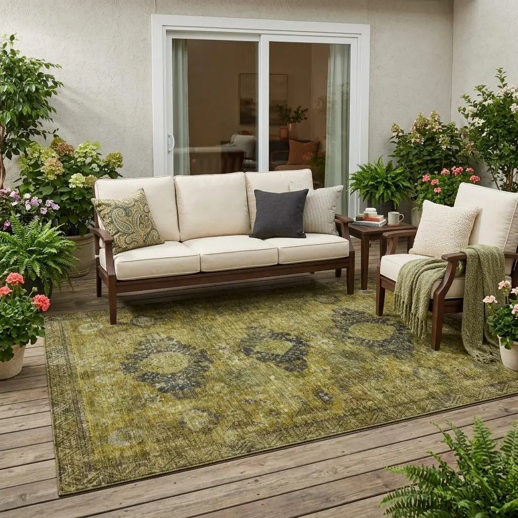 5' X 8' Gold And Walnut Oriental Washable Indoor Outdoor Area Rug Homeroots Outdoor