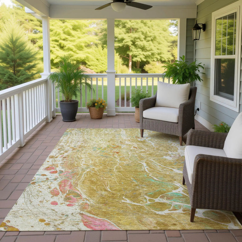 5' X 8' Gold And Wheat Abstract Washable Indoor Outdoor Area Rug Homeroots Outdoor