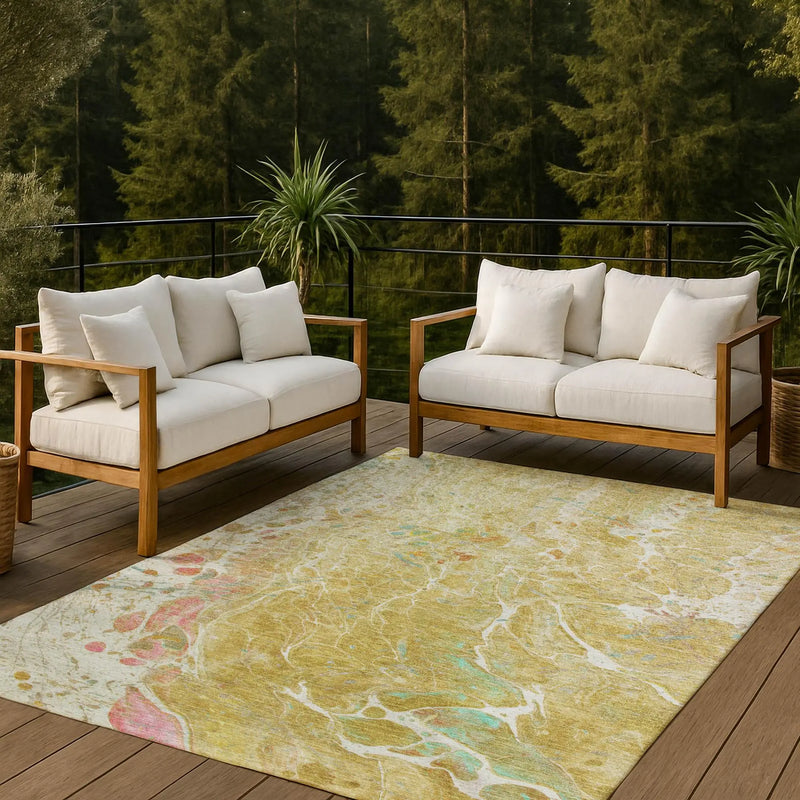 5' X 8' Gold And Wheat Abstract Washable Indoor Outdoor Area Rug Homeroots Outdoor